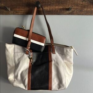 Fossil Black and Brown Tote Bag with Leather Trim and Matching Wallet